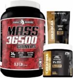 Kit Hipercalorico Mass 36500 Pote 1,5Kg Com Whey Protein Isolado e Concentrado + Creatina Monohidratada Pote 300g Carboidratos + Bcaa Gold Refil 100g Super Pump 10:1:1 (1,5Kg, Mousse de Morango)